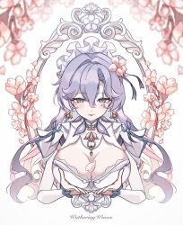  1010_(wuthering1010) absurdres breasts cantarella_(wuthering_waves) cleavage commentary_request copyright_name earrings facial_mark female flower hair_between_eyes hair_flower hair_ornament hands_up headdress highres huge_breasts jewelry light_blush long_hair mark_under_eye mole mole_under_eye parted_lips petals pink_petals purple_hair shrug_(clothing) solo white_shrug wuthering_waves 