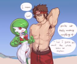  1boy 1girls anthro armpit_hair beach bikini clothed clothing cute dialogue duo female gardevoir human light_skin male mystical pale_skin partially_clothed plantpenetrator pok&eacute;mon_(species) pokemon standing swimwear text topless 