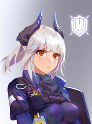  arknights blue_jacket breasts commentary female gongxiao_zao gradient_background grey_background horns jacket liskarm_(arknights) long_hair looking_at_viewer medium_breasts photoshop_(medium) ponytail red_eyes solo upper_body white_hair 