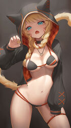  animal_ear_headwear animal_ears aqua_eyes bikini black_background black_bikini black_choker blonde_hair braid breasts cat_ears cat_tail choker claw_pose commission contrapposto cowboy_shot facial_mark fake_animal_ears female final_fantasy final_fantasy_xiv gradient_background hair_over_shoulder halterneck hand_on_own_thigh hand_up heart heart_necklace highres hood hoodie indie_virtual_youtuber jewelry kaiyoko_star long_hair long_sleeves looking_at_viewer medium_breasts metatarou miqo&#039;te mole mole_under_eye multi-strapped_bikini navel necklace oerba_yun_fang open_mouth original puffy_long_sleeves puffy_sleeves red_bikini shrug_(clothing) skeb_commission skindentation sleeves_past_wrists solo stomach string_bikini swimsuit tail tail_raised thigh_strap thighs twin_braids two-tone_bikini virtual_youtuber warrior_of_light_(ff14) whisker_markings yellow_tail 