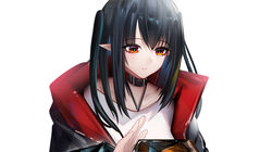  arknights bad_id bad_pixiv_id binggong_asylum black_choker black_hair choker closure_(arknights) commentary_request female halterneck highres jacket long_hair long_sleeves open_clothes open_jacket orange_eyes pointy_ears shirt simple_background solo upper_body white_background white_shirt 