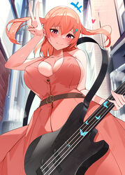  absurdres animal_print bad_id bad_pixiv_id bang_dream! bare_arms bare_shoulders bass_guitar belt blue_butterfly blush breasts bug butterfly character_request closed_mouth covered_nipples curvy dress female hair_ornament hairclip heart highres hiromachi_nanami holding holding_instrument instrument large_breasts looking_down orange_hair outdoors powzin76 red_dress red_hair sideboob smile solo standing twintails v 