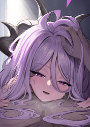  1boy :d abs absurdres ahoge blue_archive blurry commentary crying crying_with_eyes_open demon_girl demon_horns depth_of_field female hair_between_eyes half-closed_eyes halo happy headpat highres hina_(blue_archive) horns karadborg long_hair looking_at_viewer lying lying_on_person on_back on_stomach out_of_frame pov purple_eyes sensei_(blue_archive) sidelocks smile tears topless_male white_hair 