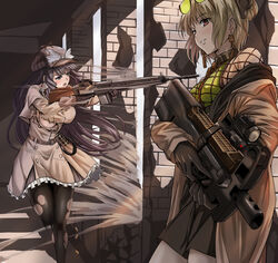  2girls against_wall battle_rifle belt bikini bipod black-framed_eyewear black_gloves black_pantyhose blonde_hair blue_eyes bodysuit bow breasts brick_wall brown_coat brown_hair bullpup cabbie_hat choker coat double_bun drill_hair drill_sidelocks drop_earrings dust earrings eyewear_on_head firing fishnet_bodysuit fishnets frilled_coat frills girls&#039;_frontline gloves green-tinted_eyewear green_bikini gun hair_bun hat hat_bow highres holding holding_gun holding_weapon howa_type_64 howa_type_64_(an_unsuitable_job_for_her)_(girls&#039;_frontline) howa_type_64_(girls&#039;_frontline) jewelry large_breasts looking_ahead looking_at_viewer medium_breasts megane_jigoku multiple_girls necktie off_shoulder official_alternate_costume open_mouth optical_sight p90 p90_(girls&#039;_frontline) p90_(the_girl_from_b.e.l)_(girls&#039;_frontline) pantyhose parted_lips red_necktie rifle rubble running short_hair sideboob sidelocks smoke_grenade submachine_gun swimsuit taking_cover tinted_eyewear torn_clothes torn_pantyhose trench_coat trigger_discipline weapon 