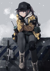  baseball_cap blue_eyes boots commentary dima_(girls&#039;_frontline) female girls&#039;_frontline glock gloves gun handgun hat head_on_hand highres jacket knee_pads long_hair mishima_hiroji pantyhose radio simple_background sitting skirt snowflakes snowing solo suppressor tom_clancy&#039;s_the_division weapon 