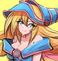  bare_shoulders blonde_hair blue_dress blue_eyes breasts cleavage closed_mouth collarbone dark_magician_girl dress duel_monster female hat highres large_breasts long_hair looking_at_viewer off-shoulder_dress off_shoulder omiza_somi simple_background smile solo upper_body witch witch_hat yellow_background yu-gi-oh! 