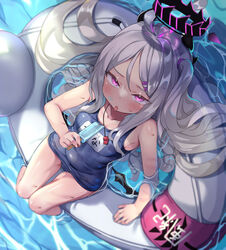  ahoge bad_id bad_pixiv_id bare_arms bare_shoulders blue_archive blue_one-piece_swimsuit blush female food from_above hair_spread_out halo highres hina_(blue_archive) hina_(swimsuit)_(blue_archive) holding holding_food ice_cream innertube isemori long_hair name_tag official_alternate_costume one-piece_swimsuit purple_eyes school_swimsuit soaking_feet solo swim_ring swimsuit tongue tongue_out very_long_hair white_hair 