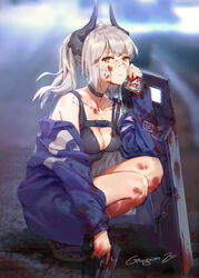  arknights bandaid bandaid_on_face bandaid_on_nose bare_shoulders black_choker black_footwear blood blood_on_clothes blood_on_face blood_on_hands blue_jacket breasts brown_eyes chinese_commentary choker cleavage commentary_request female franka_(arknights) gongxiao_zao grey_hair gun hand_up handgun highres holding holding_gun holding_weapon horns jacket liskarm_(arknights) long_hair long_sleeves looking_at_viewer medium_breasts off_shoulder open_clothes open_jacket partial_commentary photoshop_(medium) ponytail shield shoes solo squatting weapon 