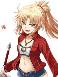  bandeau blonde_hair braid breasts clarent_(fate) collarbone cutoffs denim denim_shorts fate/apocrypha fate_(series) female hair_ornament hair_scrunchie half_up_braid haura_akitoshi long_hair long_sleeves looking_at_viewer micro_shorts mordred_(fate) mordred_(fate/apocrypha) mordred_(memories_at_trifas)_(fate) navel open_mouth ponytail red_scrunchie scrunchie short_shorts shorts small_breasts smile solo 