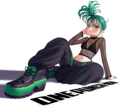  bead_necklace beads bra copyright_name earrings female green_eyes green_hair highres hoop_earrings jewelry looking_at_viewer medium_hair navel necklace one-punch_man pietrosatou punk see-through see-through_shirt shirt shoes sneakers solo tatsumaki tatsumaki_(chapter_171_cover) underwear 