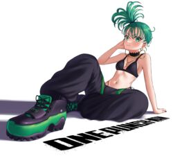  bead_necklace beads black_bra bra copyright_name earrings female green_eyes green_hair highres hoop_earrings jewelry looking_at_viewer medium_hair navel necklace one-punch_man pietrosatou punk shoes sneakers solo tatsumaki tatsumaki_(chapter_171_cover) underwear 