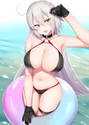  ahoge bikini black_bikini black_choker breasts choker commentary_request fate/grand_order fate_(series) female gloves grey_hair hair_between_eyes highres holding holding_swim_ring innertube jeanne_d&#039;arc_alter_(fate) jeanne_d&#039;arc_alter_(swimsuit_berserker)_(fate) kitajima_yuuki large_breasts long_hair navel o-ring o-ring_bikini open_mouth partial_commentary solo swim_ring swimsuit thigh_strap very_long_hair water wet wet_hair yellow_eyes 