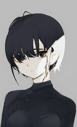  :/ antenna_hair bad_id bad_twitter_id black_eyes black_hair black_sweater closed_mouth commentary earrings expressionless female grey_background highres jewelry looking_at_viewer migihidari_(puwako) original pale_skin simple_background solo sweater upper_body 