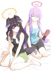  2girls animal_ears barefoot black_hair black_shorts blue_archive breasts cleavage closed_mouth dog_ears dog_girl dog_tail green_shorts hair_dryer halo hariyaa hibiki_(blue_archive) highres holding long_hair medium_breasts multiple_girls purple_eyes purple_hair shorts simple_background sitting small_breasts tail tank_top towel towel_around_neck utaha_(blue_archive) wet wet_hair yellow_halo 