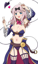  ^^^ absurdres arm_up armpits bad_id bad_pixiv_id belt bikini black_bow blue_bikini blue_eyes blue_sleeves blue_thighhighs blunt_bangs blush bow bowtie breasts brown_belt cleavage commentary_request cosplay covered_nipples cowboy_shot crisis_management_form_(machimazo) curled_horns demon_girl demon_horns demon_tail detached_collar detached_sleeves double_v eggman_(pixiv28975023) embarrassed female frilled_sleeves frills fujiwara_chika garter_straps hairbow hand_up highres horns kaguya-sama_wa_kokurasetai_~tensai-tachi_no_renai_zunousen~ kohara_konomi large_breasts long_hair looking_at_viewer machikado_mazoku navel open_mouth pink_hair red_bow red_bowtie revealing_clothes showgirl_skirt simple_background smile solo stomach strapless strapless_bikini swimsuit tail thighhighs v v_over_head voice_actor_connection waist_cape white_background wide_sleeves yoshida_yuuko_(machikado_mazoku) yoshida_yuuko_(machikado_mazoku)_(cosplay) 