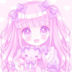  :d blush bow commentary_request dress female hairbow heart heart_background himetsuki_luna holding holding_stuffed_toy open_mouth original pink_background pink_hair puffy_short_sleeves puffy_sleeves purple_bow purple_dress purple_eyes rabbit-shaped_pupils short_sleeves smile solo stuffed_animal stuffed_rabbit stuffed_toy symbol-shaped_pupils two_side_up upper_body 