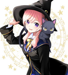  animal_on_shoulder aquarius_(symbol) black_cat black_hat black_jacket blue_skirt bow brown_eyes cancer_(symbol) claude_sirius collared_shirt commentary_request crescent crescent_hat_ornament eyebrows_hidden_by_hair feline female gemini_(symbol) hair_between_eyes hand_on_headwear hand_up hat hat_ornament jacket kuroneko_to_majo_no_kyoushitsu natsupa pink_hair pisces_(symbol) purple_eyes shirt simple_background skirt solo spica_virgo starry_background virgo_(symbol) white_background white_shirt witch witch_hat yellow_bow zodiac_wheel 