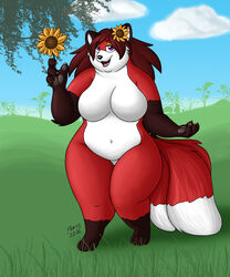  5:6 anthro bigladydragon breasts canid canine cloud featureless_breasts female flower fox mammal multi_tail overweight overweight_anthro overweight_female plant solo sunflower tail 