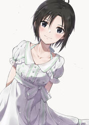  antenna_hair arms_behind_back black_hair blush closed_mouth collarbone commentary dress dutch_angle female grey_eyes hair_between_eyes halterneck highres idolmaster idolmaster_(classic) idolmaster_2 idolmaster_million_live! idolmaster_million_live!_theater_days kikuchi_makoto looking_at_viewer mogskg puffy_short_sleeves puffy_sleeves short_hair short_sleeves simple_background smile solo standing upper_body white_background white_dress 