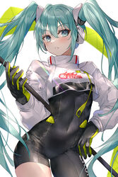  aqua_eyes aqua_hair asle asymmetrical_legwear black_gloves blue_eyes blue_hair blush bodysuit breasts chinese_commentary commentary contrapposto covered_navel cowboy_shot cropped_jacket female flagpole flame_print gloves goodsmile_racing green_gloves hair_ornament hatsune_miku headset highres hip_focus holding holding_pole jacket looking_to_the_side official_alternate_costume parted_lips pole race_queen racing_miku racing_miku_(2022) small_breasts smiley_face solo twintails two-tone_gloves vocaloid white_jacket 