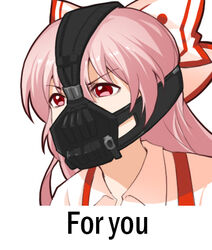  bane bane_(cosplay) baneposting_(meme) batman_(series) bow chinese_commentary cosplay dc_comics english_text female fujiwara_no_mokou hair_between_eyes hairbow jokanhiyou long_hair mask meme parody pink_hair portrait red_eyes shirt simple_background solo suspenders the_dark_knight_rises touhou white_background white_bow white_shirt 