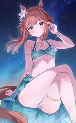  absurdres alternate_costume alternate_hairstyle animal_ears bikini blue_eyes blush breasts collarbone crossed_legs ear_flower female flower flower_on_chest hair_flower hair_ornament highres horse_ears horse_girl horse_tail jewelry looking_at_viewer mola_mola navel necklace night orange_hair silence_suzuka_(emerald_on_the_waves)_(umamusume) silence_suzuka_(umamusume) sitting sky small_breasts solo star_(sky) starry_sky swimsuit tail umamusume 