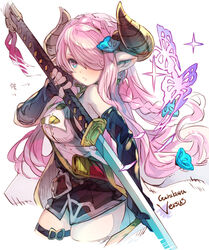  arrow_(symbol) asymmetrical_gloves bare_shoulders black_gloves black_skirt blue_eyes blush braid breasts commentary_request copyright_name curled_horns draph elbow_gloves eyebrows_hidden_by_hair female fingerless_gloves gloves granblue_fantasy granblue_fantasy_versus hair_ornament hair_over_one_eye haku_(sabosoda) holding holding_sword holding_weapon horns katana large_breasts long_hair looking_at_viewer narmaya_(granblue_fantasy) parted_lips pink_hair shirt single_fingerless_glove skirt sleeveless sleeveless_shirt solo sword uneven_gloves very_long_hair weapon white_background white_shirt 