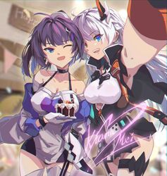  2girls :d absurdres antenna_hair armpits black_jacket blue_eyes blurry blurry_background breasts cake cake_slice cleavage commentary_request food hair_between_eyes hair_ornament hairpin heterochromia highres holding holding_plate honkai_(series) honkai_impact_3rd indoors jacket kiana_kaslana kiana_kaslana_(void_drifter) linxi long_hair looking_at_viewer multiple_girls off-shoulder_shirt off_shoulder one_eye_closed open_mouth outstretched_arm plate ponytail purple_hair raiden_mei raiden_mei_(striker_fulminata) selfie shirt smile teeth thighhighs white_jacket white_shirt yellow_eyes yuri 