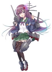  black_cardigan black_thighhighs brown_hair cardigan collarbone crescent crescent_pin female full_body green_skirt hair_between_eyes highres kantai_collection kisaragi_(kancolle) kisaragi_kai_ni_(kancolle) long_hair long_sleeves machinery minosu open_mouth pleated_skirt purple_eyes rigging rudder_footwear school_uniform serafuku simple_background skirt smile solo thighhighs torpedo torpedo_launcher torpedo_tubes turret white_background 