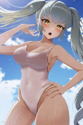  alternate_costume blue_hair blush breasts cleavage covered_navel day drill_hair female goddess_of_victory:_nikke highleg highleg_swimsuit highres large_breasts light_blue_hair long_hair looking_at_viewer milmil7 nail_polish one-piece_swimsuit open_mouth outdoors pink_nails privaty_(nikke) sky sunlight swimsuit twintails very_long_hair wet white_one-piece_swimsuit yellow_eyes 