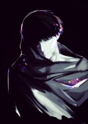  1boy amon_koutarou black_background black_hair bruise closed_mouth commentary_request highres injury light looking_at_viewer male_focus one_eye_covered pale_skin sanoi_(giraffe) short_hair simple_background solo spoilers tokyo_ghoul upper_body 