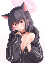  absurdres animal_ears bad_id bad_pixiv_id black_choker black_hair black_jacket blue_archive blush breasts cat_ears choker cleavage colored_inner_hair commentary drawstring extra_ears female gradient_background hair_ornament hairclip halo highres hinen hood hoodie jacket kazusa_(blue_archive) long_sleeves looking_at_viewer medium_breasts multicolored_hair naked_hoodie partially_unzipped pendant_choker pink_hair pink_halo raised_eyebrows red_eyes short_hair sidelocks single_bare_shoulder solo streaked_hair upper_body utensil_in_mouth 