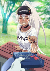  ^_^ arm_support azur_lane baseball_cap bench black_choker black_nails blurry blurry_foreground blush bodypaint box breasts choker closed_eyes clothes_writing collarbone commentary_request crossed_bangs dark-skinned_female dark_skin day denim facepaint female gift gift_box grin hair_between_eyes hat hat_writing high_ponytail highres holding holding_gift jeans long_hair medium_breasts midriff minneapolis_(azur_lane) minneapolis_(extreme_games)_(azur_lane) murasaki_tsutsuji navel outdoors pants park_bench ponytail pov pov_hands shadow shirt short_sleeves sidelocks sitting smile solo_focus teeth tied_shirt torn_clothes torn_pants white_day white_hair white_shirt 