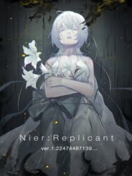  bare_shoulders bow closed_eyes collarbone copyright_name dress female flower grey_bow hair_between_eyes highres holding holding_flower hugging_object large_bow long_hair nier nier_(series) parted_lips satome_setsuko shiny_skin solo white_dress white_flower white_hair yonah 