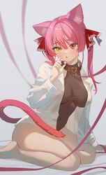  absurdres alternate_costume animal_ear_fluff animal_ears bare_legs barefoot blush breasts brown_collar brown_leotard cat_ears cat_girl cat_tail collar female hair_between_eyes hair_ribbon heterochromia highres hololive houshou_marine large_breasts leotard long_hair long_sleeves open_clothes open_shirt parted_lips playing_with_own_hair red_eyes red_hair red_ribbon ribbon ruiuncle shirt sitting solo tail virtual_youtuber white_shirt yellow_eyes 