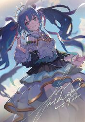  39 backlighting blue_dress blue_eyes blue_hair blue_sky bow colorful_festival_(project_sekai) commentary crown dated detached_sleeves dress earrings female glint green_bow hair_ribbon hatsune_miku highres hoop_earrings jewelry long_hair long_sleeves looking_at_viewer multicolored_clothes multicolored_dress project_sekai purple_bow ribbon sidelocks signature sky smile solo tsuiru twintails vocaloid white_dress white_ribbon 