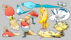  animal_focus articuno bird closed_eyes closed_mouth commentary fire grey_background highres ho-oh komepan lying moltres no_humans on_back on_stomach pokemon pokemon_(creature) simple_background standing standing_on_one_leg talons wingull zapdos 