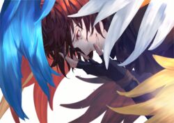  1boy blue_wings brown_hair brown_wings commentary_request crying crying_with_eyes_open feathers fingerless_gloves from_side gloves granblue_fantasy grin hands_up highres large_hands looking_down male_focus medium_hair messy_hair profile red_eyes red_wings sandalphon_(granblue_fantasy) sanoi_(giraffe) short_hair simple_background smile solo tears teeth upper_body white_background white_wings wings 