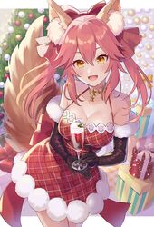  animal_ear_fluff animal_ears bare_shoulders black_gloves blush bow breasts christmas cleavage dress elbow_gloves fate/extra fate_(series) female fox_ears fox_girl fox_tail gloves hairbow iincho_(airi8751) large_breasts long_hair looking_at_viewer pink_hair red_dress sidelocks smile tail tamamo_(fate) tamamo_no_mae_(fate/extra) thighs twintails yellow_eyes 