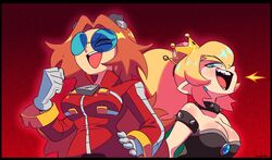  2girls absurdres aqua_eyes armlet benatic_bro black_collar blonde_hair blue-tinted_eyewear bowsette breasts breath_weapon breathing_fire brooch brown_hair cleavage clenched_hand collar crossover crown dr._eggman earrings eggmaam evil_smile fire genderswap_(mtf) glasses gloves goggles goggles_on_head hand_on_own_hip hand_up high_ponytail highres jacket jewelry long_hair long_sleeves looking_at_viewer mario_(series) multiple_girls new_super_mario_bros._u_deluxe open_mouth pointy_ears round_eyewear rule_63 sidelocks smile smug sonic_(series) spiked_armlet spiked_collar spikes strapless super_crown tinted_eyewear trait_connection v-shaped_eyebrows white_gloves 