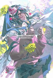  blue_hair blue_skirt blurry blurry_background charm_(object) collared_shirt cowboy_shot crying crying_with_eyes_open day english_text female glasses hair_ornament hairclip hands_up hatsune_miku highres holding holding_paper kirby kirby_(series) looking_up off_shoulder paper parted_lips pink_sweater pleated_skirt red_eyes shirt skirt solo standing sunlight sweater tears vocaloid white_shirt z3zz4 