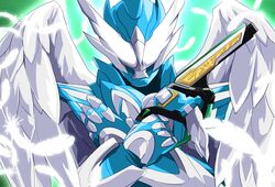  1boy angel_wings armor blue_armor bodysuit compound_eyes crossed_arms feathered_wings glowing green_background grey_bodysuit gun handgun highres holy_live kamen_rider kamen_rider_live kamen_rider_revice livegun male_focus miyabi_(037) upper_body weapon white_eyes wing_genome wings 