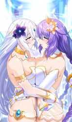  2girls absurdres bare_shoulders black_heart_(neptunia) blue_eyes blush braid breast_press breasts cleavage flower four_goddesses_online:_cyber_dimension_neptune gem gloves hair_between_eyes hair_flower hair_ornament halo highres hug long_hair multiple_girls neptune_(series) nyamota paid_reward patreon_reward purple_hair purple_heart_(neptunia) smile standing symmetrical_docking twin_braids very_long_hair white_hair yuri 