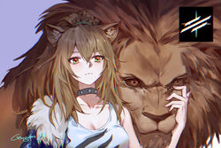  animal_ear_fluff animal_ears arknights artist_name bare_shoulders black_jacket breasts brown_eyes brown_hair chinese_commentary choker cleavage commentary_request female fur-trimmed_jacket fur_trim gongxiao_zao hair_between_eyes jacket lion lion_ears long_hair looking_at_viewer medium_breasts partial_commentary photoshop_(medium) purple_background siege_(arknights) signature simple_background tank_top upper_body white_tank_top 