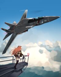  absurdres ace_combat ace_combat_5 ace_combat_7 aircraft airplane animal_ears black_thighhighs blaze_(ace_combat) blue_sky brown_hair brown_shirt cloud commentary crop_top day english_commentary f-14_tomcat female fighter_jet gar32 green_jacket highres horse_ears horse_girl jacket jet long_hair long_sleeves looking_away looking_to_the_side mayano_top_gun_(umamusume) midriff military military_vehicle open_clothes open_jacket outdoors razgriz rotating_light shirt short_shorts shorts sky solo standing star_(symbol) thighhighs umamusume vehicle_focus very_long_hair white_shorts 