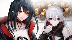  2girls :d arknights bad_id bad_pixiv_id bare_shoulders binggong_asylum black_choker black_hair black_jacket choker closure_(arknights) commentary_request detached_sleeves hair_ornament hand_up highres jacket long_hair long_sleeves looking_at_viewer multiple_girls oerba_yun_fang open_clothes open_jacket open_mouth orange_eyes originium_(arknights) parted_lips pointy_ears red_eyes shirt smile t-shirt two_side_up upper_body warfarin_(arknights) white_background white_hair white_shirt x_hair_ornament 