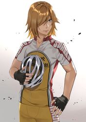  1boy absurdres aoyagi_hajime bad_id bad_twitter_id bicycle_helmet black_gloves blonde_hair collarbone comeo_(komeo15) commentary_request cowboy_shot cycling_uniform cyclist fingerless_gloves gloves hair_over_one_eye hand_on_own_hip helmet highres holding holding_helmet male_focus medium_hair multicolored_shirt red_shirt red_shorts shirt short_sleeves shorts solo standing white_shirt yellow_shirt yellow_shorts yowamushi_pedal 