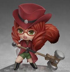  black_footwear boots borrowed_character casimira_(orannis) chibi commission cross-laced_footwear faux_figurine female full_body glasses green_eyes hat highres knee_boots lace-up_boots looking_away nendoroid open_mouth original red_hair red_hat ringlets shiori2525 short_hair solo 