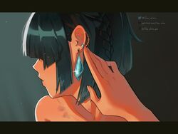  2girls bob_cut bruise diagonal_bangs ear_chain earrings genshin_impact highres injury jewelry letterboxed lilac_alien multiple_girls outstretched_hand patreon_logo patreon_username reaching shenhe_(genshin_impact) short_hair tiktok_logo tiktok_username twitter_logo twitter_username yelan_(genshin_impact) 