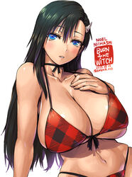  amania_orz bikini black_hair blue_eyes blush breasts burn_the_witch character_name cleavage copyright_name dated female hand_under_clothes hand_under_swimsuit huge_breasts long_hair looking_at_viewer navel niihashi_noel parted_lips plaid plaid_bikini red_bikini shadow simple_background solo swimsuit twitter_username white_background 